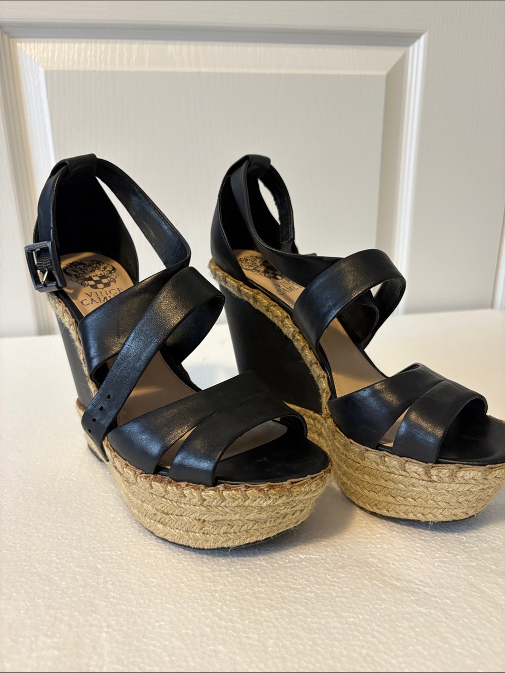 Vince Camuto Black Leather Espadrille Platform Wedges
